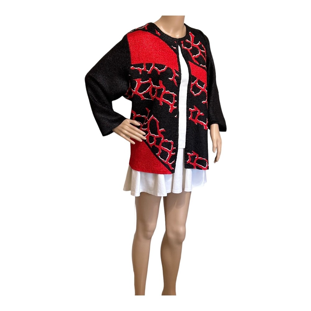 Chico's Travelers Women's Open Front Top Jacket 3 US XL Red Black Artsy Elegant